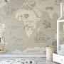 Kids Soft Brown Continent World Map with Drawing Animals Wallpaper Mural