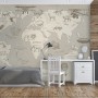 Kids Soft Brown Continent World Map with Drawing Animals Wallpaper Mural