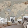 Kids Soft Brown Political World Map with Drawing Animals Wallpaper Mural