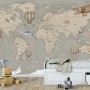Kids Soft Brown Political World Map with Drawing Animals Wallpaper Mural