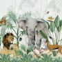 Kids Tropical Safari Animals with Green Leafs Wallpaper Mural