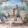 Painting Garden with Fountain, Peacock and Roman Column Wallpaper Mural