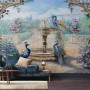 Painting Garden with Fountain, Peacock and Roman Column Wallpaper Mural