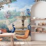 Painting Garden with Fountain, Peacock and Roman Column Wallpaper Mural