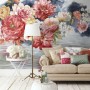 Vintage Red and Pink Blooms Floral on Smoky Background Wallpaper Mural