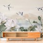 White Lotus Floral and Crane Birds Wallpaper Mural