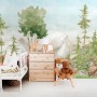 Kids Watercolor Coniferous Forest with Animals Wallpaper Mural