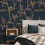 Gold Faux Tree Blossom Branch Silhouette with Birds Wallpaper Mural