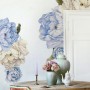 Blue White Peony Floral Bouqets with Green Leaves Wall Decal Sticker
