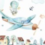 Watercolor Cartoon Village and Airplane Wallpaper Mural