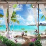 3D Look  Blue Sea Landscape with Old Arches and Palm Trees Wallpaper Mural