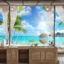 3D Look  Blue Sea Landscape with Old Arches and Palm Trees Wallpaper Mural