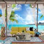 3D Look  Blue Sea Landscape with Old Arches and Palm Trees Wallpaper Mural