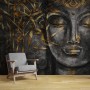 3D Look Concrete Buddha and Gold Style Leaves Wallpaper Mural