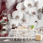 Swan and White Orchid with Red Smoke Pattern Wallpaper Mural