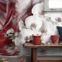 Swan and White Orchid with Red Smoke Pattern Wallpaper Mural