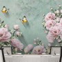 Vintage Pink Floral and Yellow Butterfly Wallpaper Mural