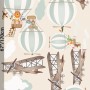 Kids Green Hot Air Balloon and Brown Aircraft with Clouds Wall Decal Sticker