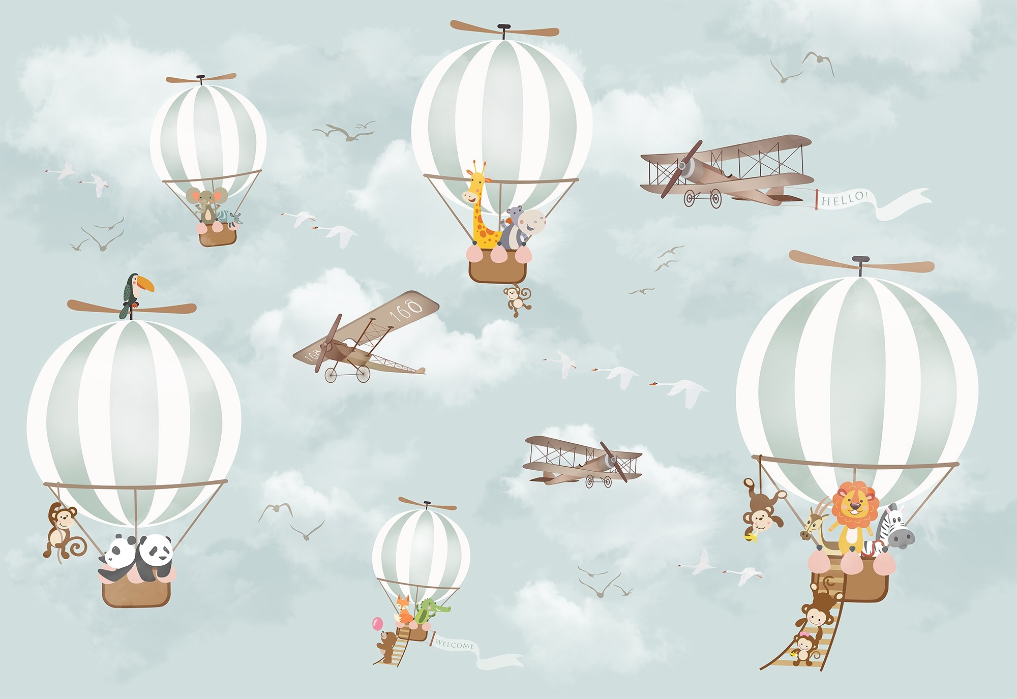 Kids Nursery Hot Air Balloon with Cartoon Animals Wallpaper Mural
