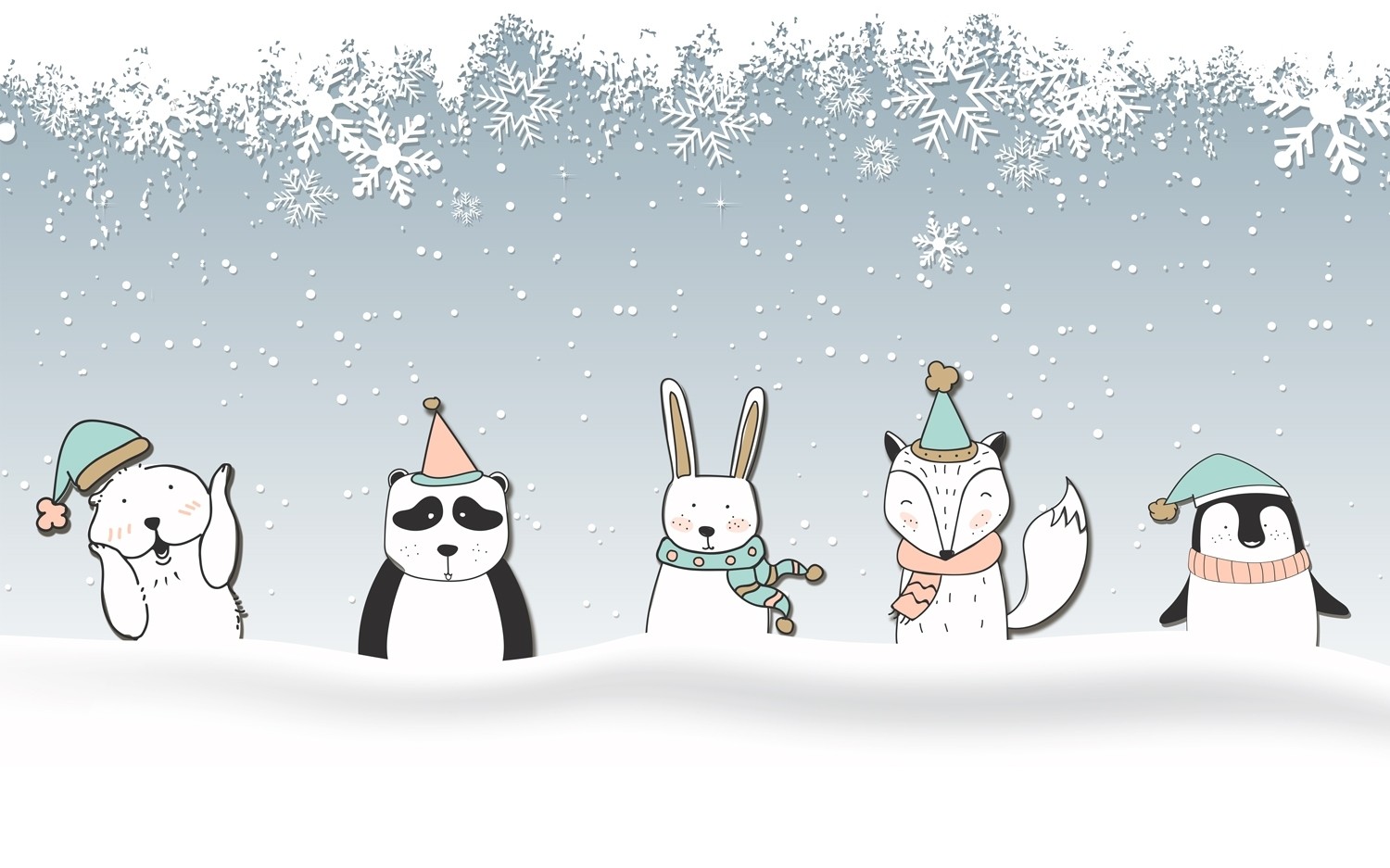 Cartoon Fox and Panda Winter Animals Wallpaper Mural • Wallmur®, image size:1500x937