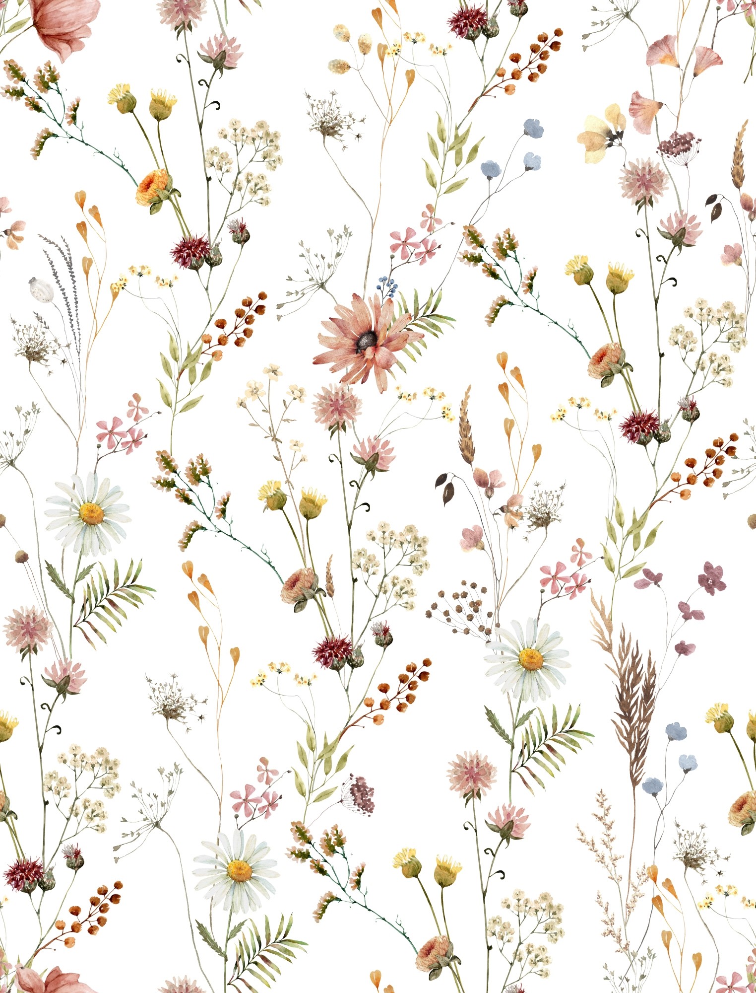 Watercolor Soft Wild Flowers Wallpaper Mural • Wallmur®