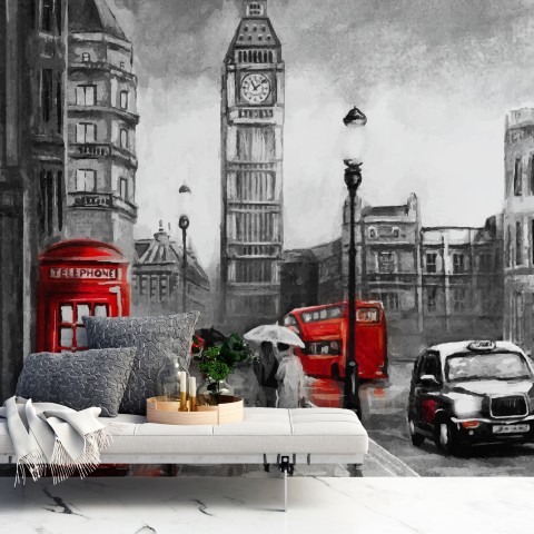 Papier Peint 3D Mural – Bus Rouge Et Rue – Impression AJ WALL – Neuf