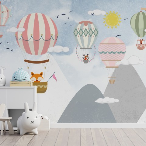 Kids Cartoon Mountain Landscape and Hot Air Balloon Wallpaper Mural ...