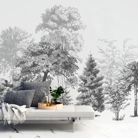black and white tree mural wallpaper