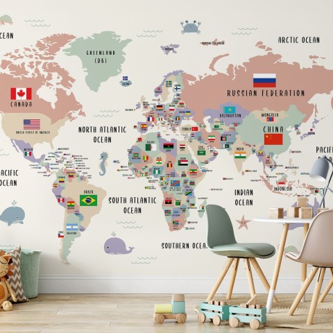 Kids Colorful World Map with Flags Map Wallpaper Mural • Wallmur®