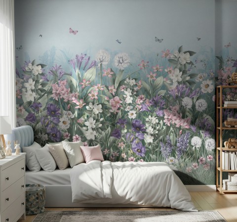 Soft Blooming Floral Meadow  Kids Wallpaper