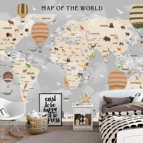 Kids World Map with Vintage Hot Air Balloon Wallpaper Mural • Wallmur®