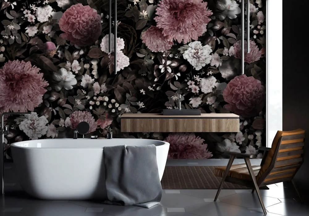 Dark Floral with Pink Chrysanthemum Wallpaper Mural