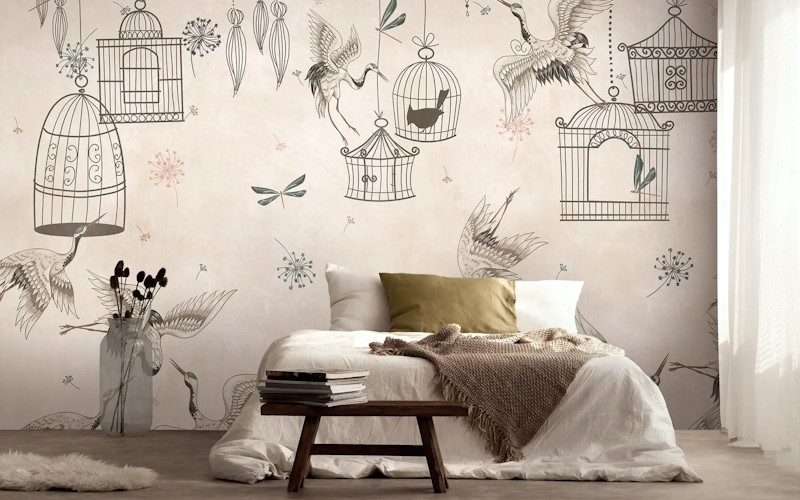 Japanese Crane Birds and Empty Cages Wallpaper Mural