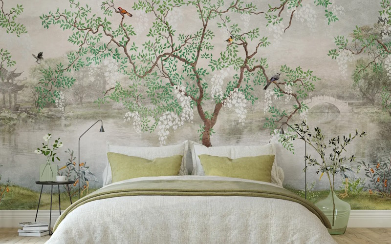 Misty Lake Landscape and Japanese Garden Wallpaper Mural