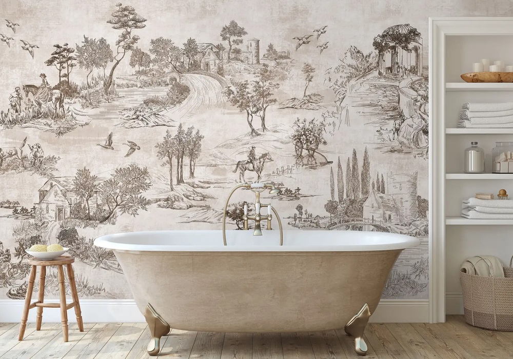 Vintage Monochrome Jouy Style Landscape Wallpaper Mural