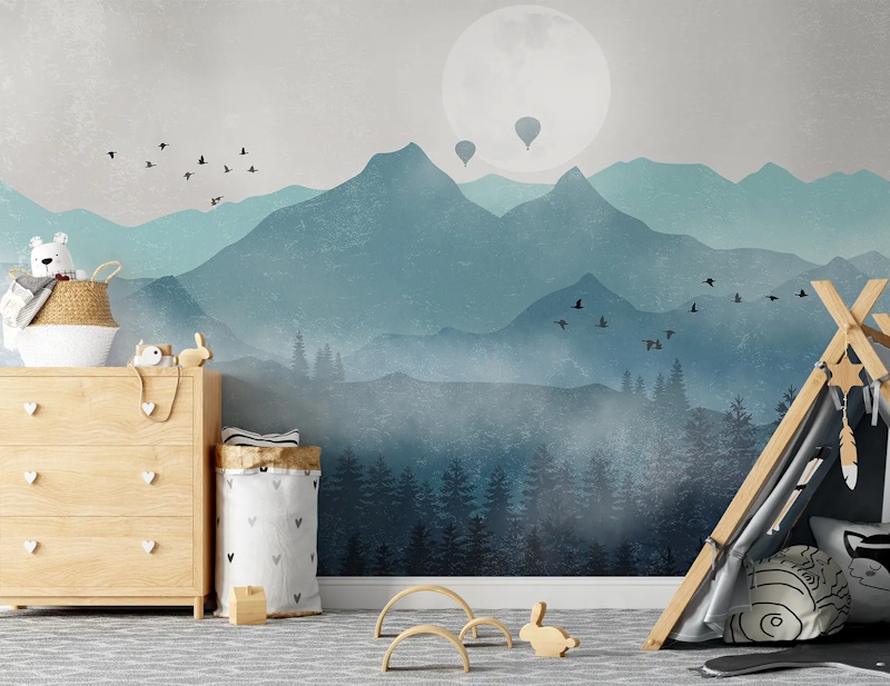 Misty Mountain Landscape with Moon Wallpaper Mural