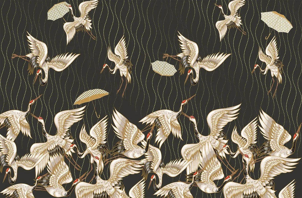 Gold Style Vintage Asian Crane Birds Wallpaper Mural