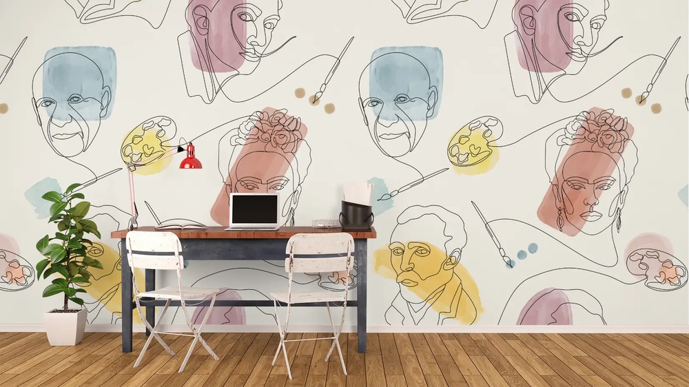 Artist Face Line Art with Colorful Abstract Brush Wallpaper Mural
