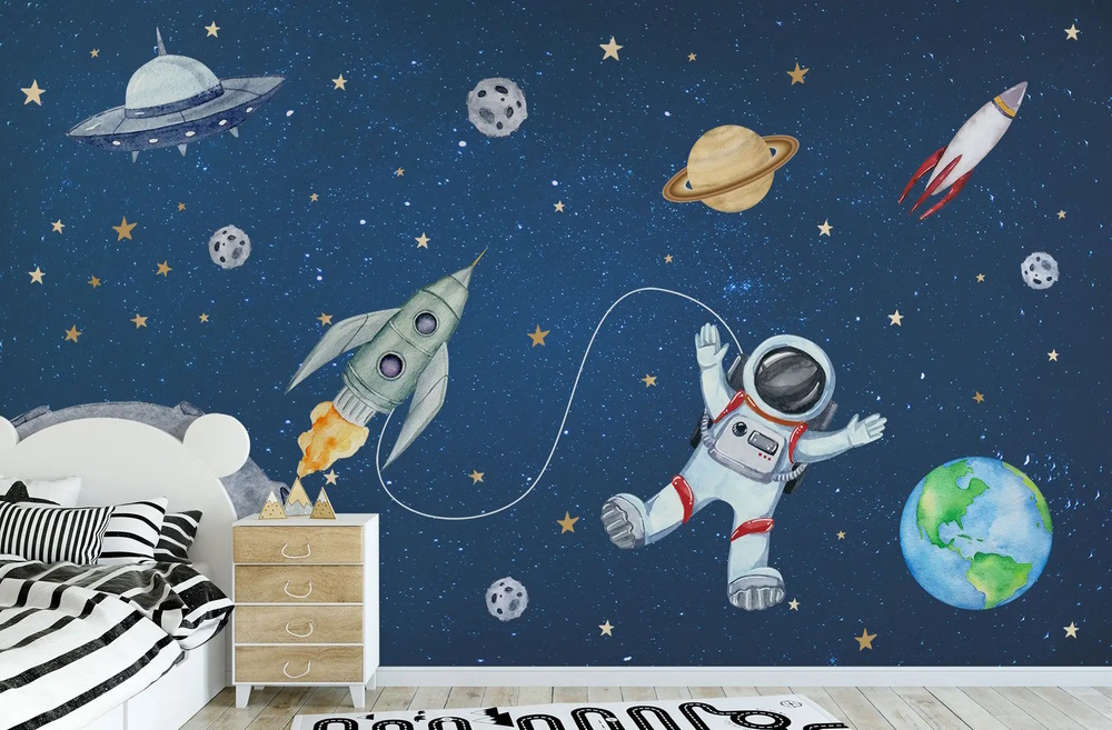 Kids Watercolor Space with Spaceship and Astronaut Wallpaper Mural