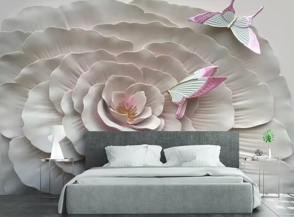 3D Embossed Look Flowers and Butterfly Wallpaper Mural