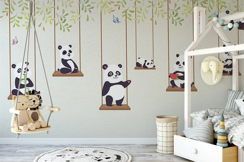 Cute Pandas Swinging Wallpaper Mural