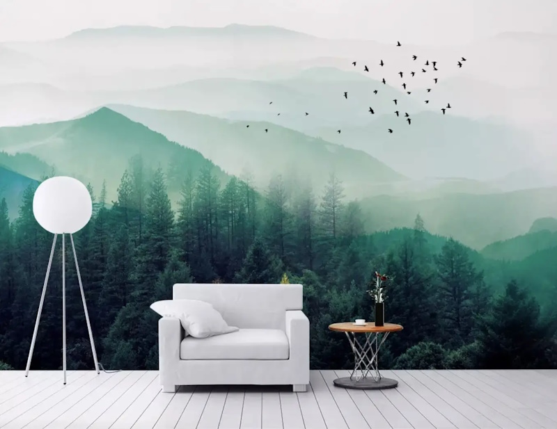 Misty Green Forest with Birds Wallpaper Mural